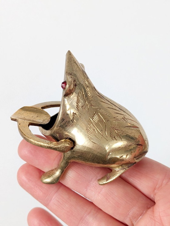 Image 1 of Midentury Vintage Brass Frog Figurine Trinket, Sculptural Quirky with Ruby Red Crystal Eyes