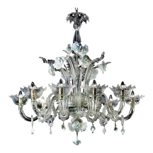 Lámpara de araña de lujo romántica veneciana de cristal de Murano con motivos florales en blanco y transparente.