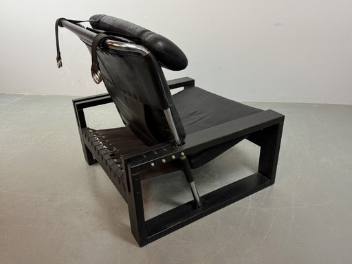 Beautiful black leather Brutalist armchair, designed by Sonja Wasseur. Amsterdam, Netherlands, 1970s.