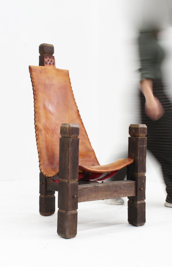 Image 1 of Vintage Brutalist tripod chair leather and wood