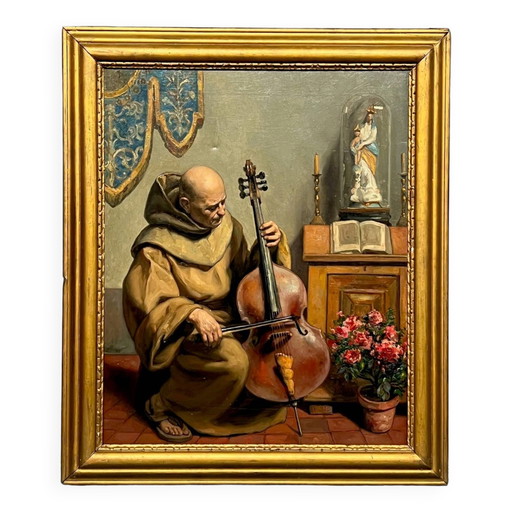 Painting signed “Monk playing the cello”. – schilderijen tekeningen, Canvas