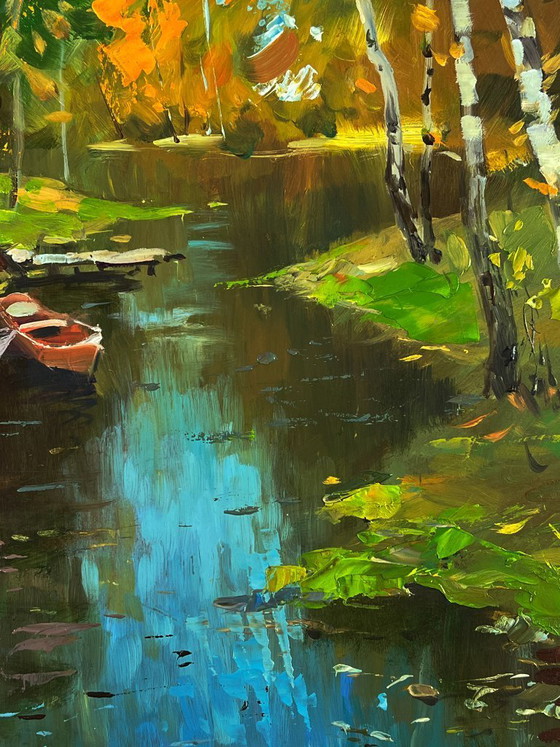 Image 1 of Peinture à l'huile originale, paysage naturel : une rivière dans la forêt d'automne