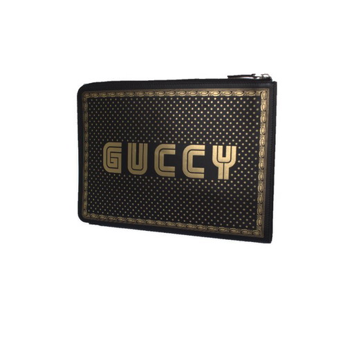 Gucci, Black leather guccy x SEGA zip clutch bag