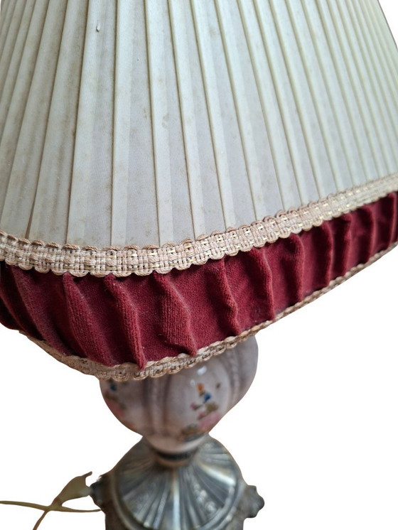 Image 1 of Vintage Hand-Painted Ceramic and Bordeaux Velvet Table Lamp