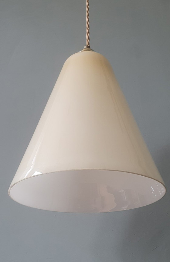 Image 1 of Large Vintage Opaline Conical Pendant Lamp in Amber / Soft Yellow Art Deco Style