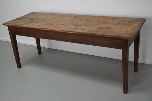 Antique French rustic farm table in light elm wood, 19th century