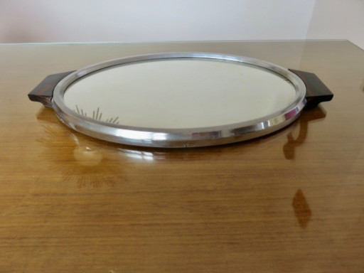 Plateau miroir art déco, ovale, laiton chromé et palissandre, France, années 20 - 30