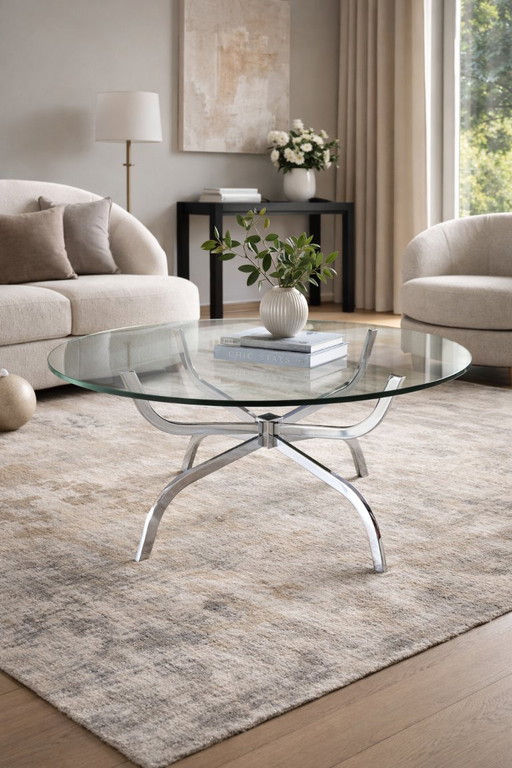 Table basse design vintage années 70 - Chrome et verre - Style futuriste