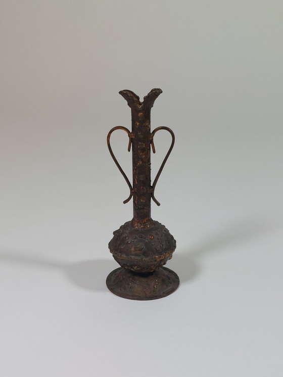 Image 1 of Brutalist vintage mid-century copper handled vase, vase melts