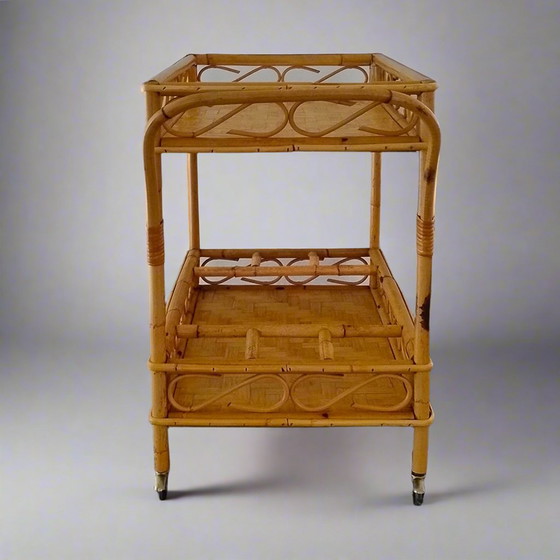 Image 1 of 1960s Gorgeous and Elegant Serving Bar Cart in Bamboo & Rattan by Franco Albini, Made in Italy