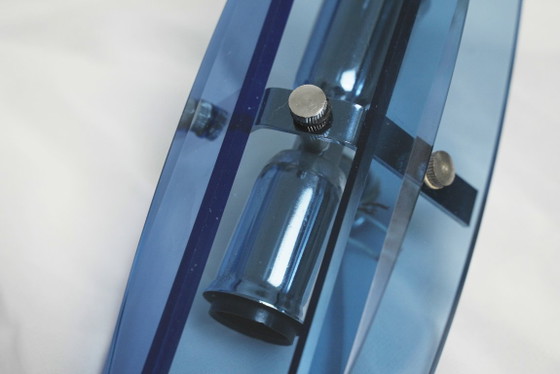 Image 1 of Veca blauwe glazen Italiaanse wandlampen set van 2 Fontana Arte mid-century moderne facetglazen lampen