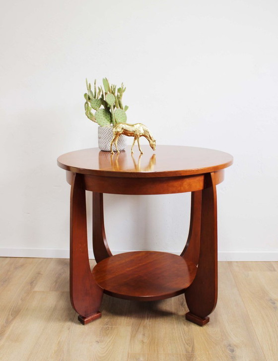 Image 1 of Ronde Amsterdamse School stijl tafel. Houten vintage salon / Art Deco bijzettafel