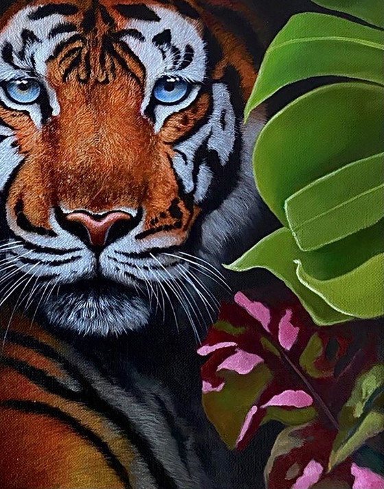Original Oil Painting Portrait Animal Tiger in the Bushes – Paintings & Drawings, Canvas (photo 5 of 8)