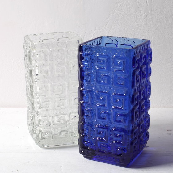 Image 1 of Set of 2 Mid-Century Cobalt Blue & Clear Glass Vases Taalari / Tamara Aladin / Finland / 1969