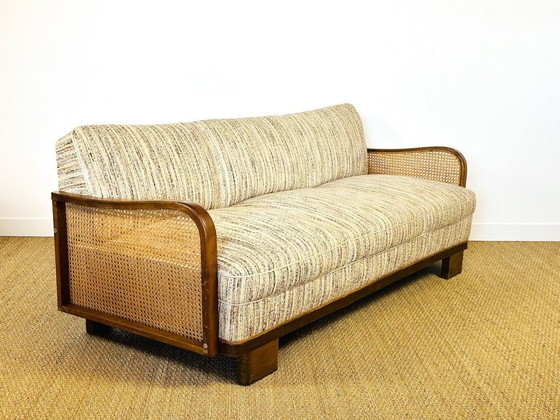 Image 1 of Vintage Art Deco woonkamerset van gebogen hout en riet, 1950, set van 3