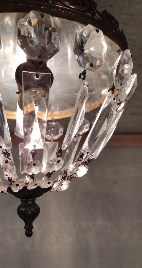 Image 1 of Lampada da soffitto in ottone con pendenti in vetro - metà del XX secolo