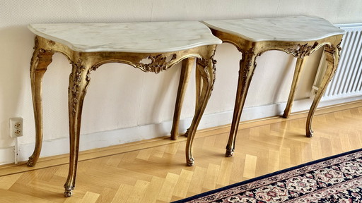 Antique 2 French carved gilded wooden consoles, 19th century