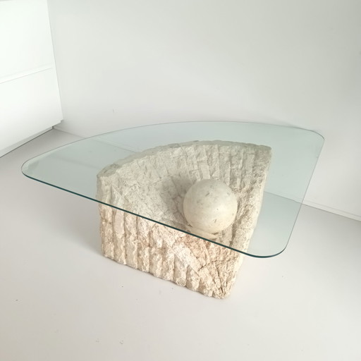 Table basse vintage Mactan, plateau en verre en forme de coquillage