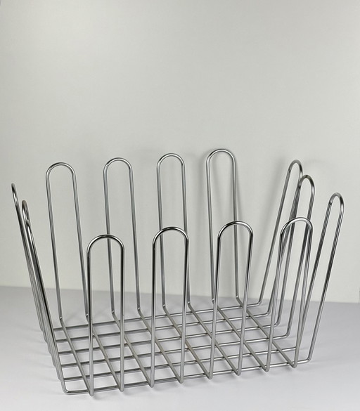 Large Vintage XL Wire Steel Chrome Newspaper Container / Reading Rack
