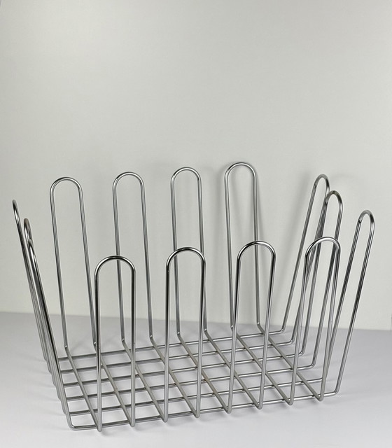 Image 1 of Large Vintage XL Wire Steel Chrome Newspaper Container / Reading Rack