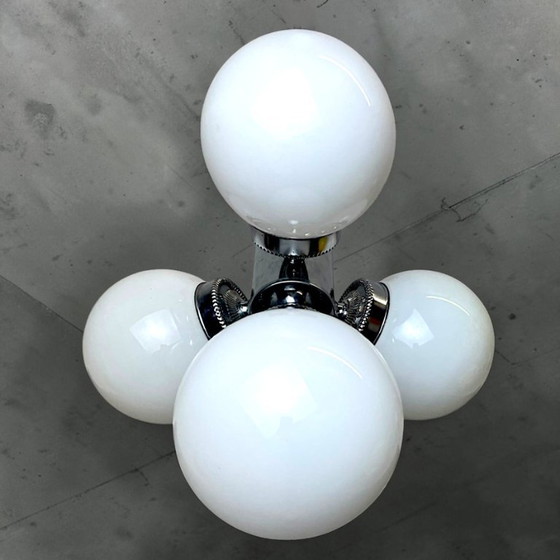 Space Age Chandelier in Chromed Metal with 4 White Opaline Glass Globes, 170s (photo 5 of 12)