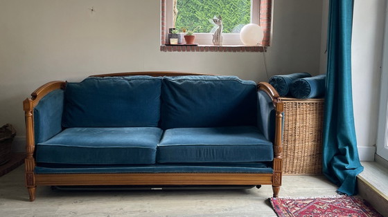 Image 1 of Vintage Jean Roche Wood and Velvet Sofa