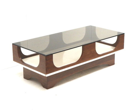 Space Age vintage coffee table with a smoked glass and wenge wood top from the 1970s