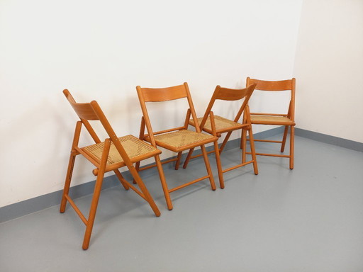 Set of 4 vintage Habitat folding chairs in beech wood and caning from the 1980s