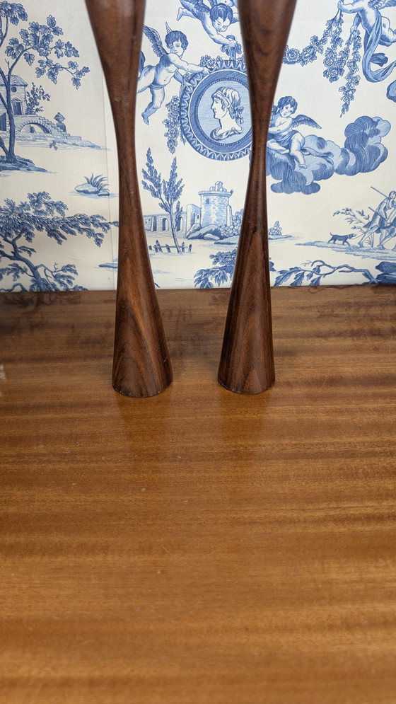 Image 1 of Pair of Scandinavian "Tulip" Candleholders in Vintage Teakwood from the 60s - Mid - Century Design