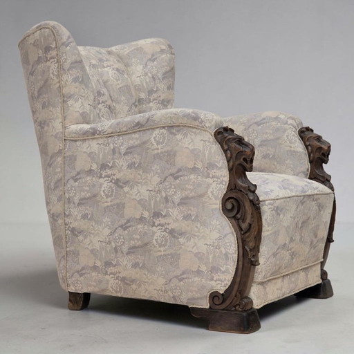 Jaren '60, Deense fauteuil, meubeljacquardstof, handgesneden essenhout.