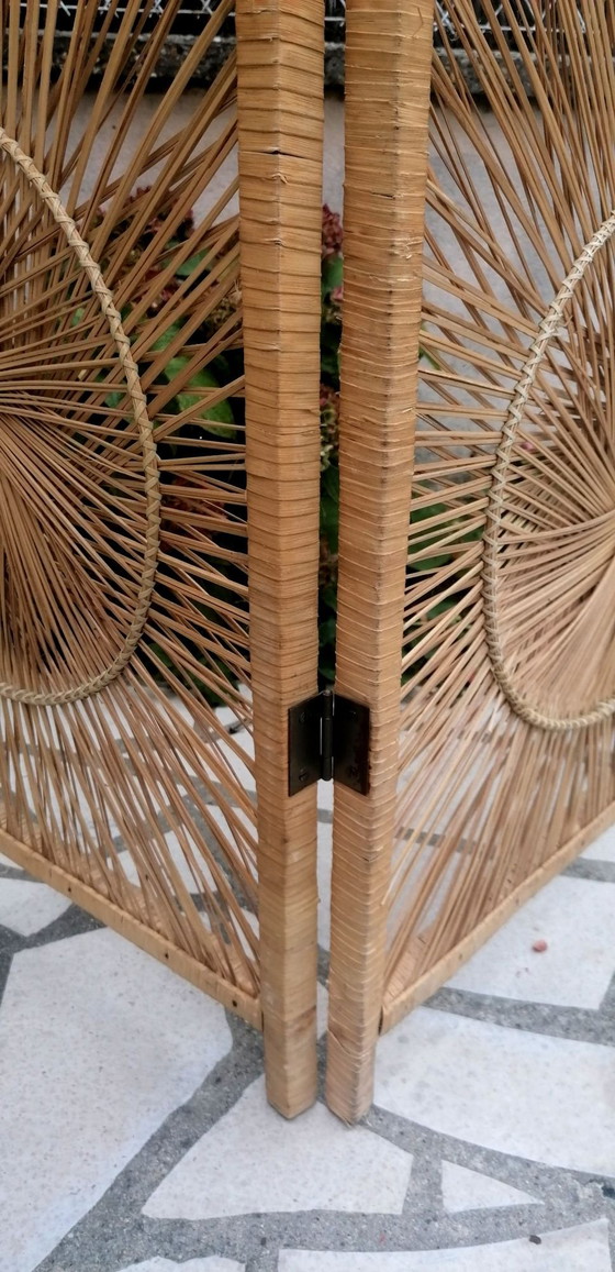 3-panel folding rattan, bamboo, and wood screen, Room screens, Brown, Vintage (photo 11 of 14)