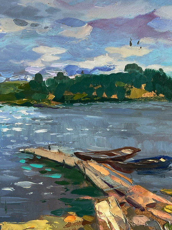 Image 1 of Origineel olieverfschilderij: Natuurlandschap, Kerk, Boot, Zomer, Vissen op de rivier
