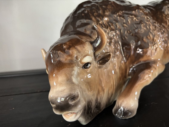 Image 1 of Large 43cm Vintage Porcelain Bison Figure, Mid 20th Century