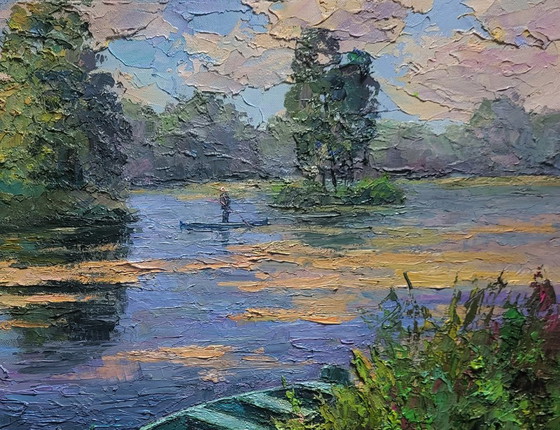 Original Oil Painting Summer Landscape Nature Boat on the Pond – Paintings & Drawings, Canvas (photo 5 of 7)