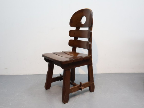 Image 1 of Brutalist fishbobe chairs set van 4 massief eikenhout