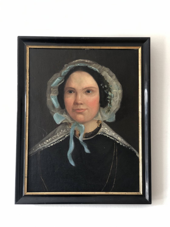 Image 1 of Portrait à l'huile ancien d'une dame hollandaise, XIXe siècle