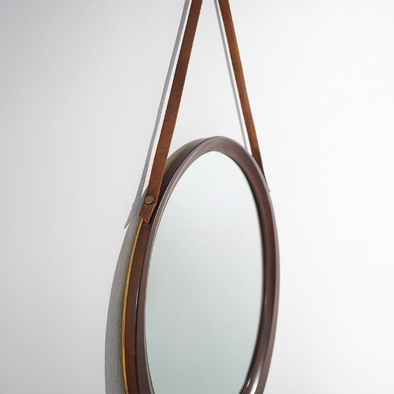 Ronde wandspiegel met leren band, jaren 60 – Glass, Leather (photo 3 of 13)