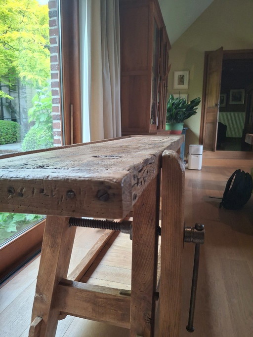Mooie Gerestaureerde Antieke Werkbank – consoles, Metal, Wood (photo 2 of 10)