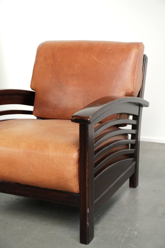 Comfortable and beautiful cognac-colored cowhide leather armchair in luxurious Art Deco design – Klassiek (photo 9 of 12)