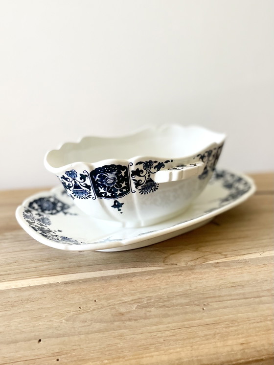 Image 1 of Vintage Gien France Gravy Boat with Stand Blue White Faience - French Mid-Century Pottery Collectible Tableware