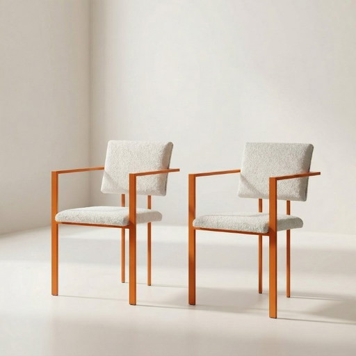 Paire de fauteuils postmodern orange et tissu laine bouclé