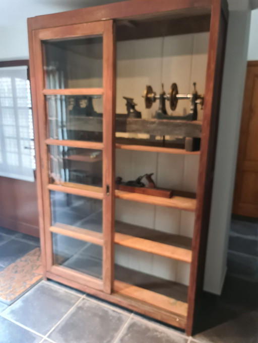 Antique Teak Sliding Door Display Cabinet