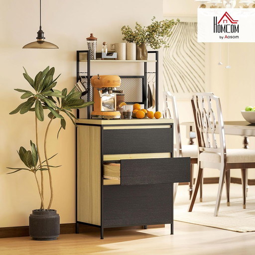 HOMCOM Armoire de Cuisine Buffet Cuisine Meuble de Rangement Industriel avec 3 tiroirs, Plan de Travail, étagère et 4 Crochets,