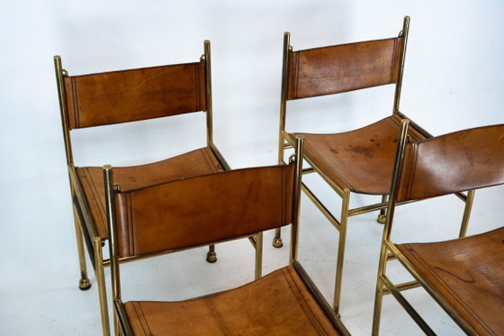 Image 1 of Set van 4 messing en lederen stoelen van Luciano Frigerio, Italië, jaren 70.