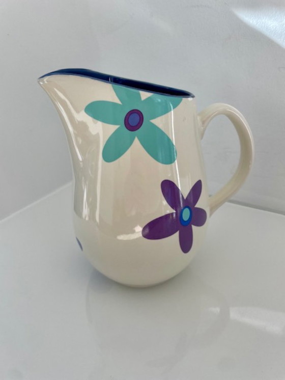 Image 1 of Brocca con 4 tazze – Design floreale e smalto blu