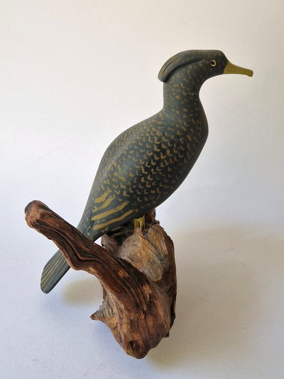Svante Svensson - Wooden Cormorant Sculpture on Tree Trunk - Signed (photo 7 of 8)