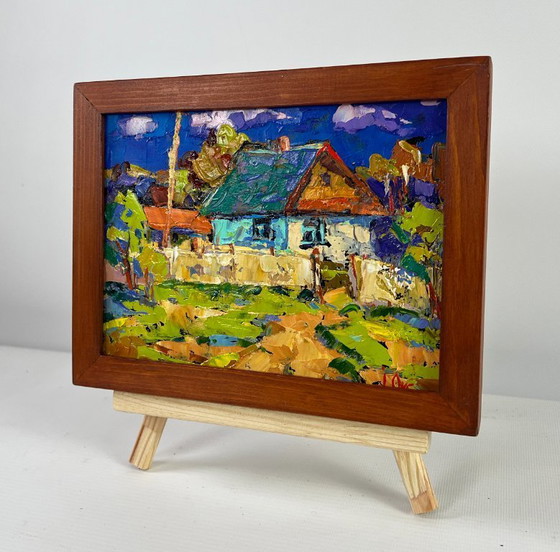 Image 1 of Original Oil Painting Summer Village Landscape Tree, house and endless sky