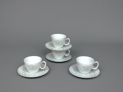 Raymond Loewy (1883-1986) set of 4 tea cups and saucers, Rosenthal Continental China, Script decor