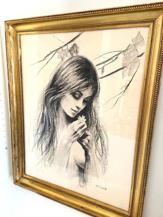 Image 1 of Monochrome Lithograph Drawing Nude Woman with Flower by Sandu Liberman 1971 Art