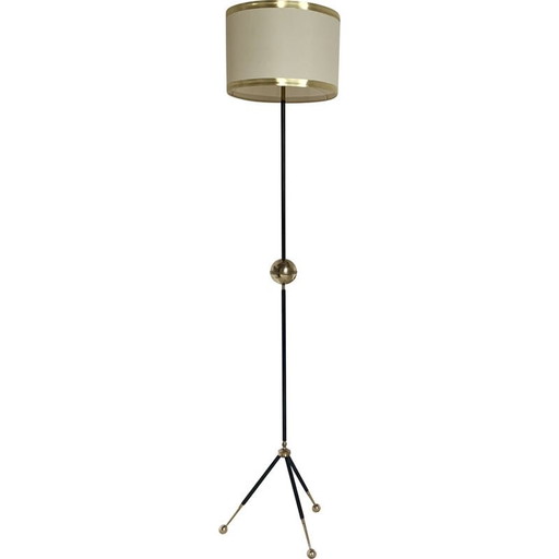 Vintage driepoot vloerlamp in zwart metaal en messing bol, 1960